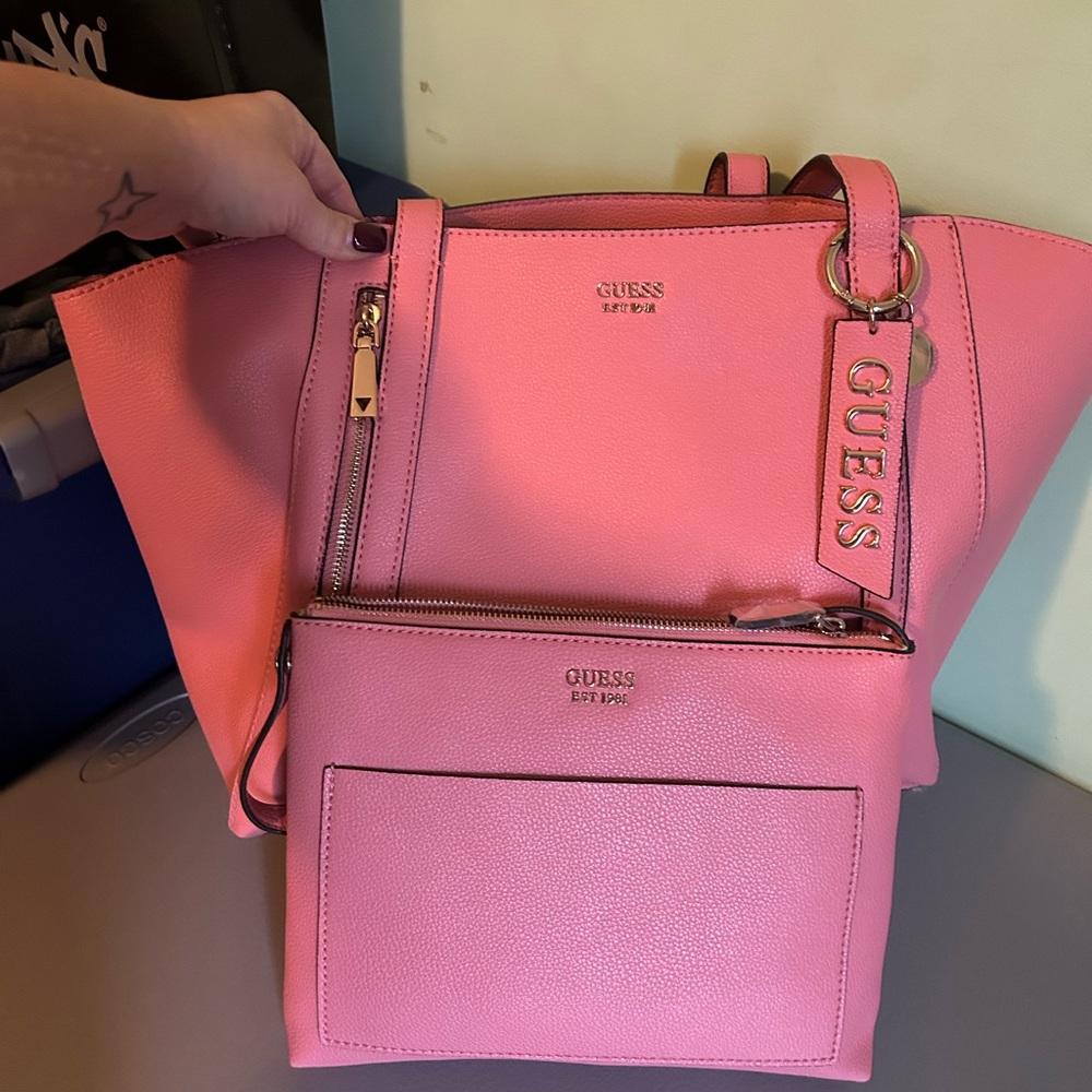 GUESS Pink Tote Bag with Matching Pouch